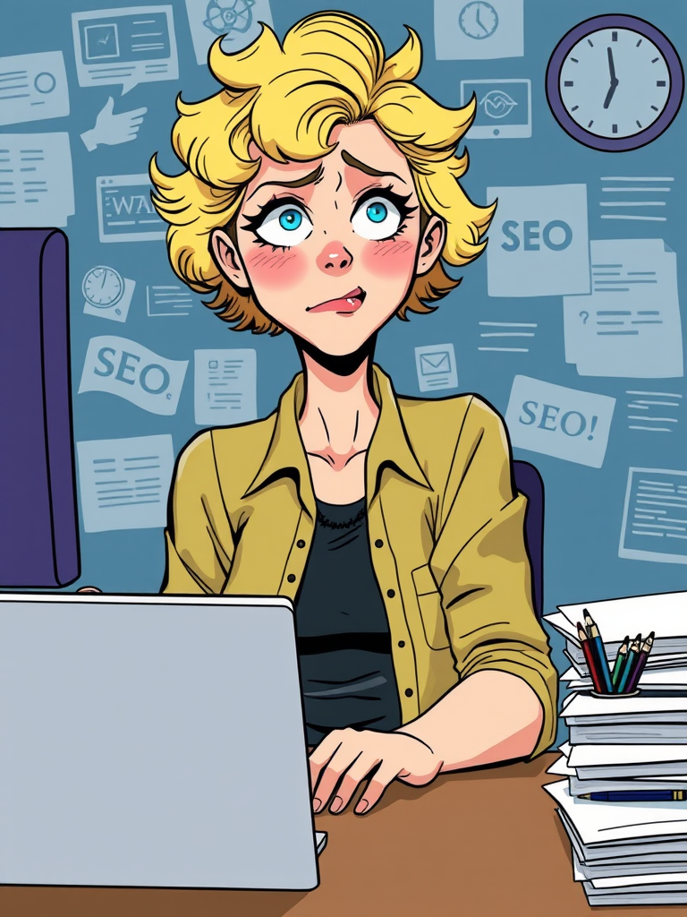 30-year-old girl with short blonde curly hair working on a lot of SEO tasks, looking funny but stressed