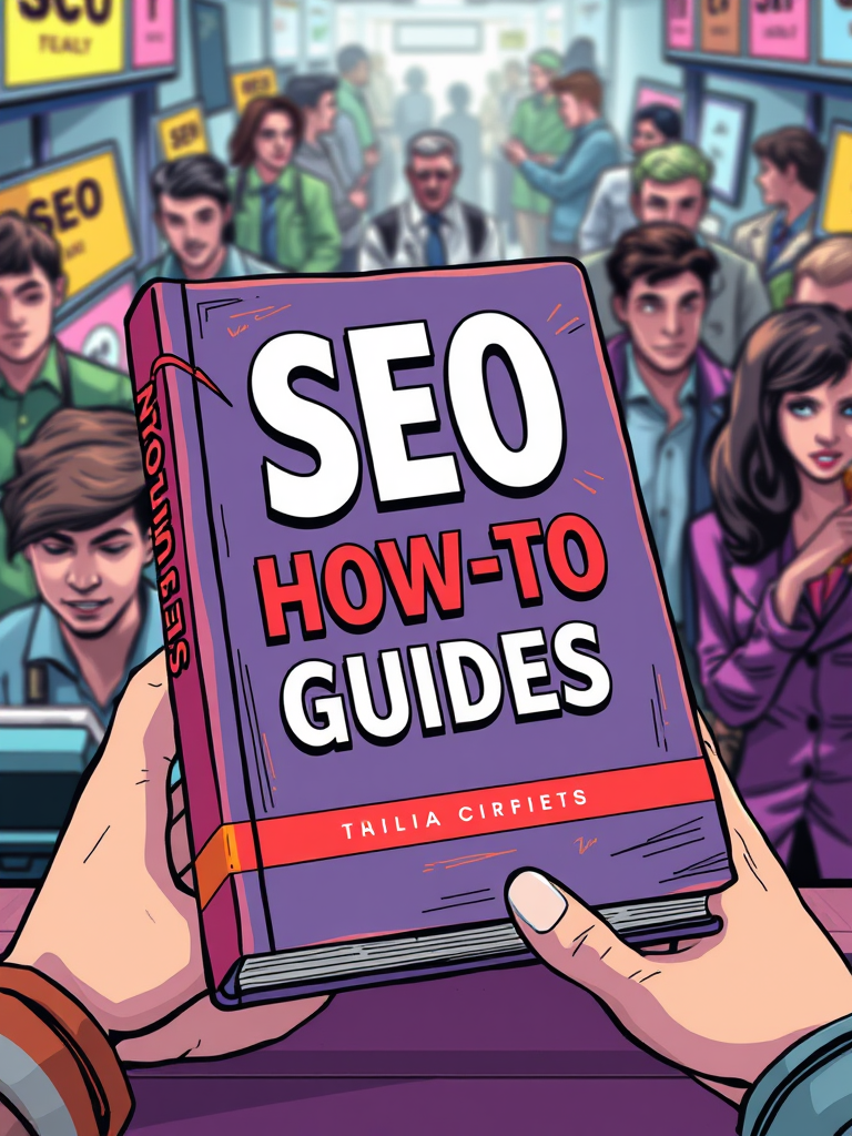 a dynamic and vibrant 'SEO How To Guides' book with busy people in the background