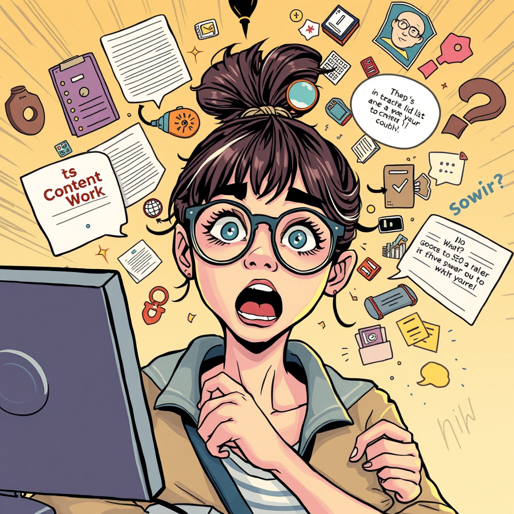 a girl overwhelmed with content work and SEO
