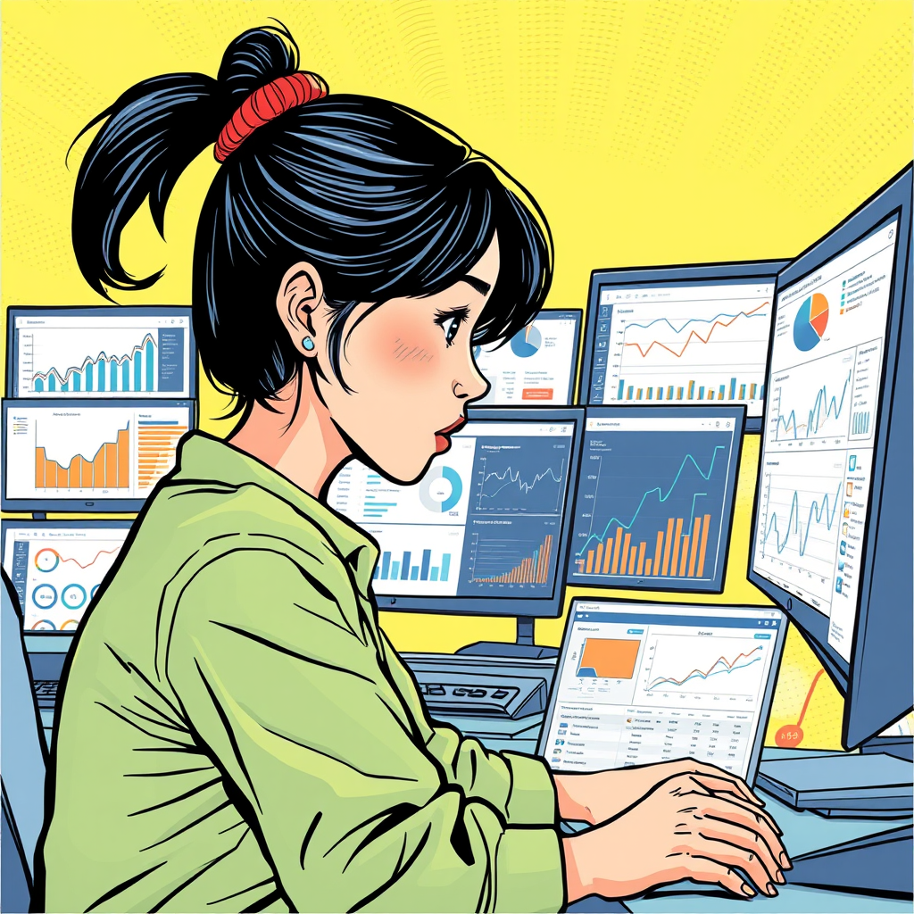 Asian girl analyzing multiple graphs and charts on computers for SEO with Google Analytics or Google Search Console dashboards, comic book style