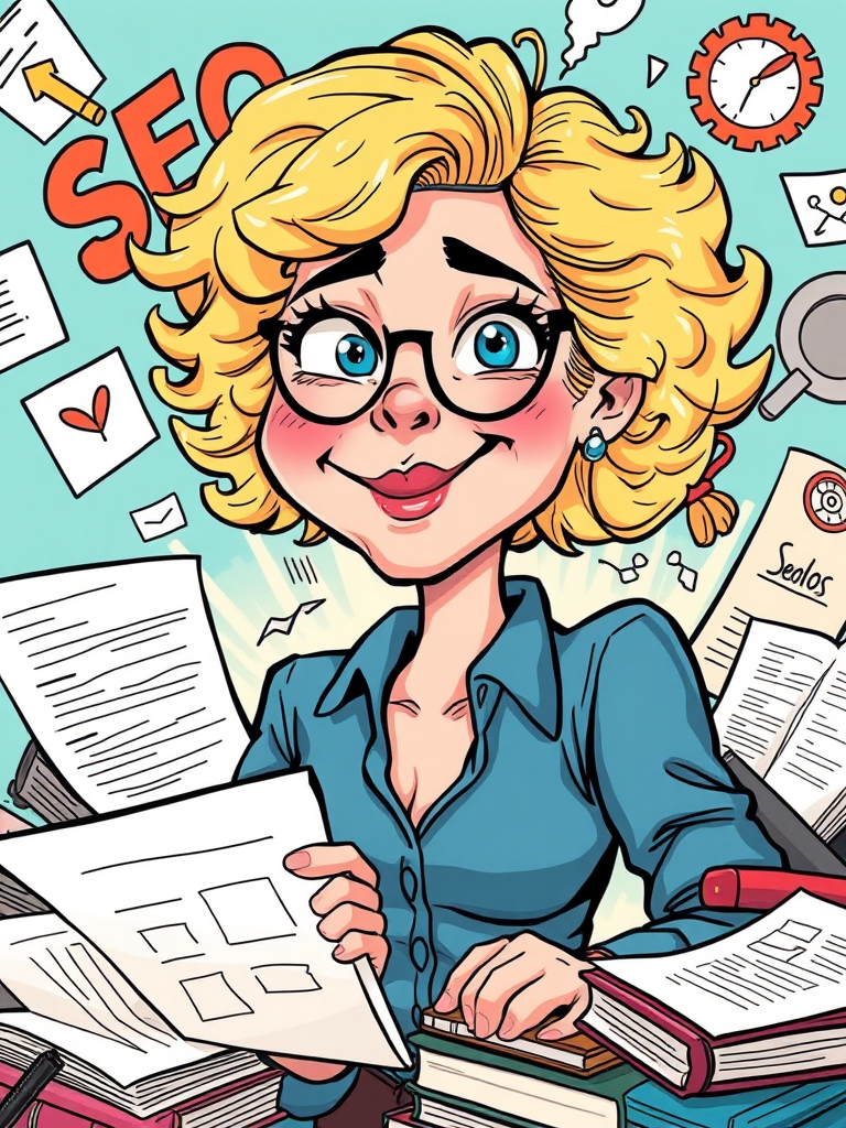 funny cartoon-style drawing of an overwhelmed lady with short blond curly hair in her mid 30s, surrounded by lots of SEO tasks, humorous and lighthearted mood