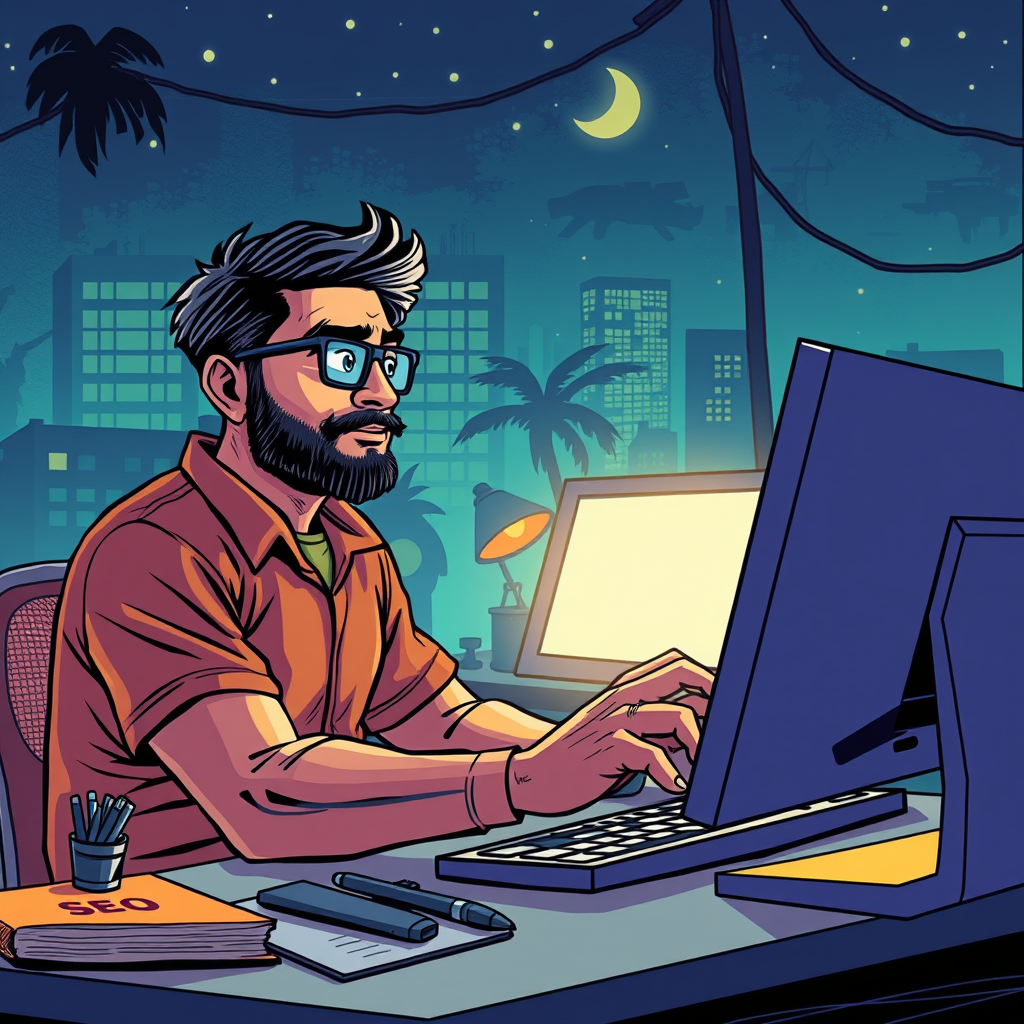 Indian man doing local SEO work at night on the computer