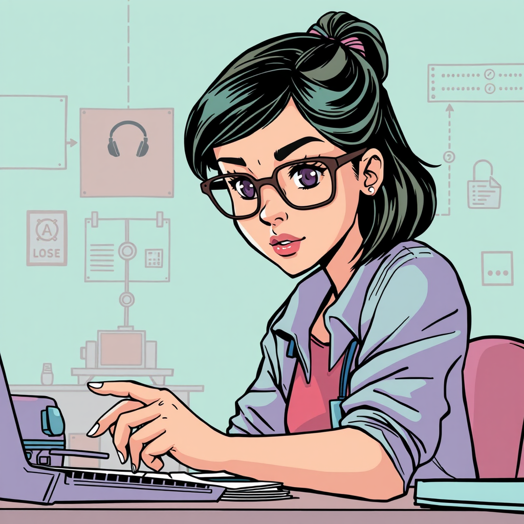 introverted girl with glasses doing workflows and processes