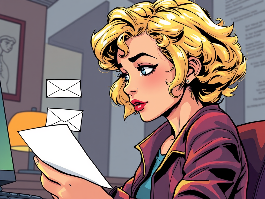 a girl in her 30s, with blond short curly hair, responding to several emails, Marvel style illustration