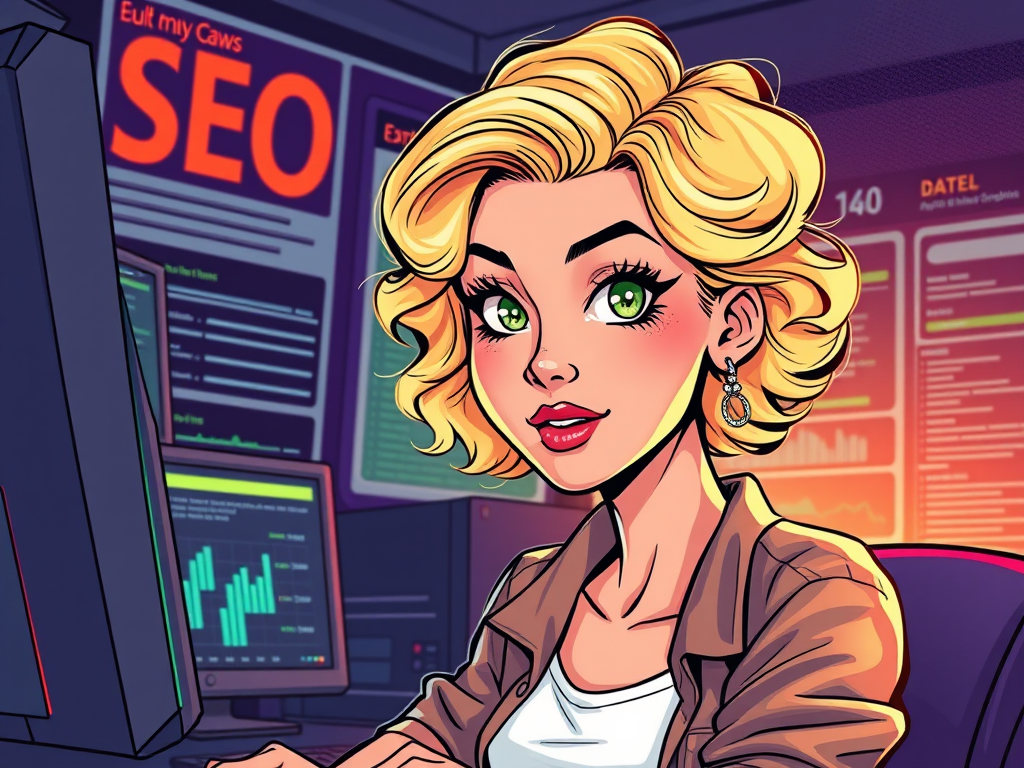 cute and funny woman in her early 30s with blond short curly hair and green eyes, working with SEO, data, and computers, Marvel style