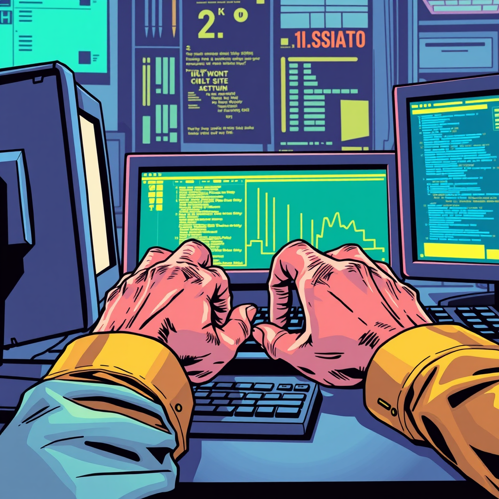 A close-up of hands typing on a keyboard in front of multiple computer screens displaying coding and data.