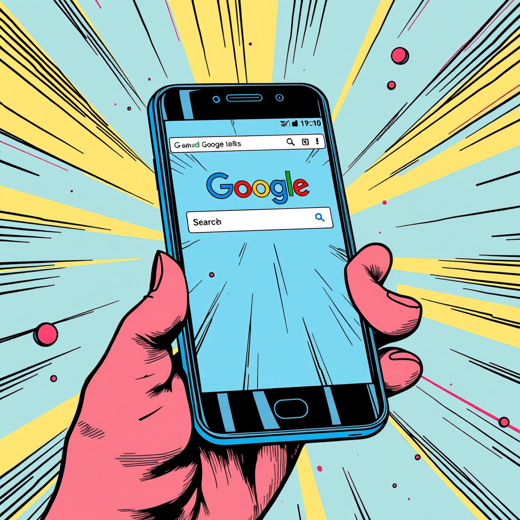 the screen of a mobile phone displaying the Google search engine, in Marvel comic style